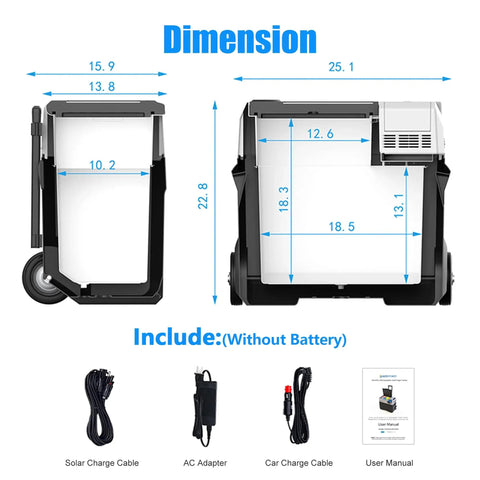 Dimensions of App Controlled Electric Cooler And Freezer, 52 Quart Portable Compressor Fridge For Cars And RV, showing measurements.