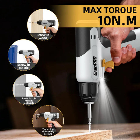 188 Piece Home Tool Kit With Cordless Drill Power Set in use for tightening screws in wood, plastic, and metal surfaces