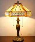 Tiffany Hexagon Yellow Stained Glass Table Lamp In Mission Style With Zinc Bronze Base, 16 Inch Shade, 24 Inch Tall, UL Listed Bedside Desk Light With Pull Chain For Bedroom Living Room Office