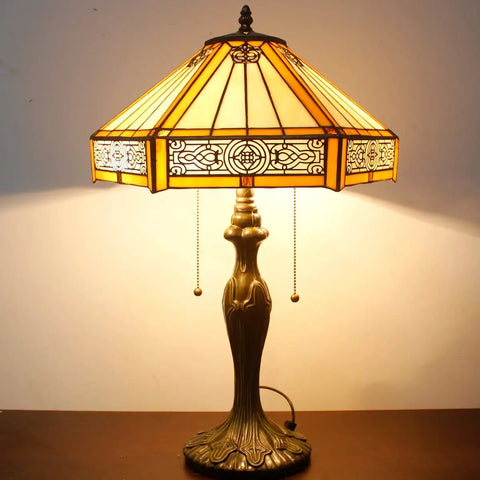 Tiffany Hexagon Yellow Stained Glass Table Lamp In Mission Style With Zinc Bronze Base, 16 Inch Shade, 24 Inch Tall, UL Listed Bedside Desk Light With Pull Chain For Bedroom Living Room Office