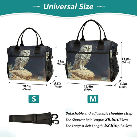 Owl Desert Landscape Insulated Lunch Bag For Women Large Leakproof Portable Cooler Tote sizes S and M with strap dimensions