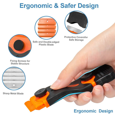 All In One Blade Scraper With 50 Blades For Glass Windows And Cooktops Includes diagrams of design features and blades
