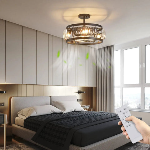 Industrial Crystal Ceiling Fan With Lights, Flush Mount Low Profile Ceiling Fan For Bedroom Kitchen Dining, Reversible DC Motor