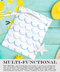 Waterproof Wet Dry Bag For Swim Gear And Travel, reusable wet bag with blue wave pattern on a turquoise wood background.