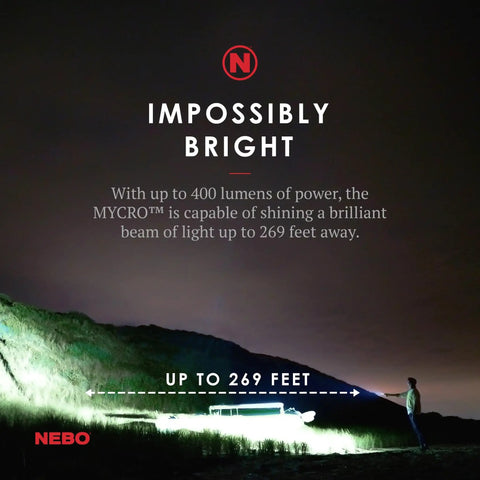 Person using Mycro Keychain Flashlight 400 Lumen Rechargeable EDC Light to illuminate 269 feet in dark landscape
