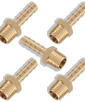 Five Pack Brass Hose Barb Fittings One Quarter Inch Barb To One Quarter Inch NPT Male Thread No Fuss Air Line Adapters For Tight Seal And High Pressure Up To Three Hundred PSI brass 1/4 in barb to 1/4 in NPT male fittings, five pieces