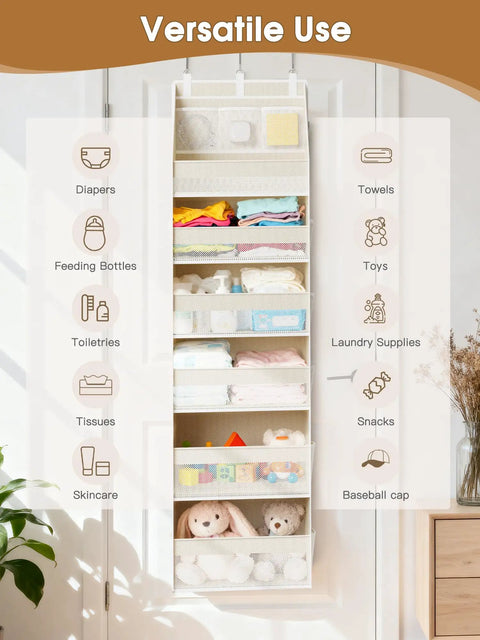 Over The Door Organizer That Turns Any Door Into A Storage Powerhouse With 6 Shelves And 13 Mesh Pockets, 55 LB Capacity For Baby Nursery