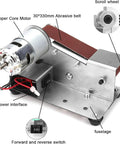 Close-up of mini electric belt grinder motor and controls, featuring copper core motor and abrasive belt for metalworking.