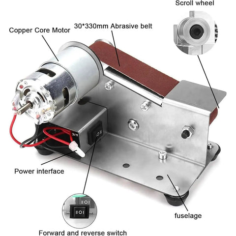 Close-up of mini electric belt grinder motor and controls, featuring copper core motor and abrasive belt for metalworking.