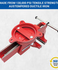 Badass 6 Inch Heavy Duty Bench Vise With Smooth 360 Degree Swivel Base And Serrated Pipe Jaws built tough from rock solid austempered iron, showing top view.