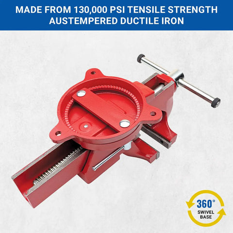 Badass 6 Inch Heavy Duty Bench Vise With Smooth 360 Degree Swivel Base And Serrated Pipe Jaws built tough from rock solid austempered iron, showing top view.