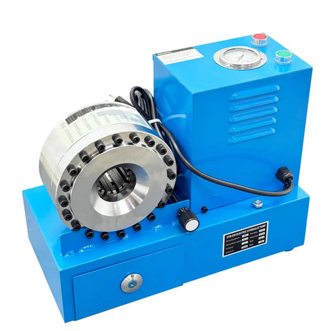 Heavy-Duty Electric Hose Crimper No-Fuss Setup Hella Secure Fittings For Steel And Rubber Pipes Up To Two Inches showing blue unit with precision dies.