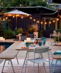 Backyard setup with Solar String Lights Waterproof Indoor Outdoor Hanging Umbrella Lights With 25 Bulbs And 27 Ft Patio String.