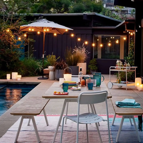 Backyard setup with Solar String Lights Waterproof Indoor Outdoor Hanging Umbrella Lights With 25 Bulbs And 27 Ft Patio String.