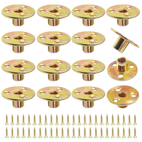 Built Like A Tank And No Sweat To Install These Galvanized Carbon Steel Heavy Duty Brad Hole Tee Nuts Pack Of 16 Coming With 48 Mounting Screws 3/8 Inch 16 Thread For Shop Jobs, showing 16 tee nuts and screws.