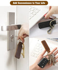 Dope Genuine Leather Keychain For Cars And Everyday Keys, showcasing a leather key fob holder with carabiner on a door and desk.