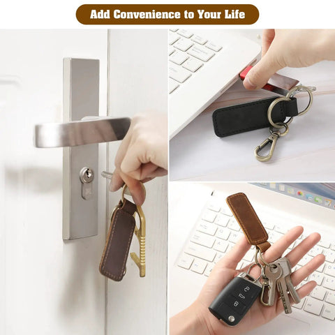 Dope Genuine Leather Keychain For Cars And Everyday Keys, showcasing a leather key fob holder with carabiner on a door and desk.