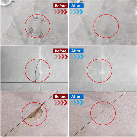 Before and after image of surfaces repaired using Tile and Fiberglass Tub Repair Kit With Color Matching For Porcelain Sinks and more.