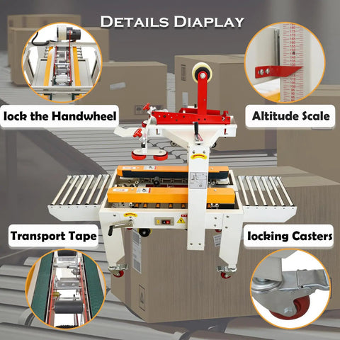 HayWHNKN Automatic Carton Sealer Box Taping Machine showing features: locking handwheel, altitude scale, transport tape, locking casters.