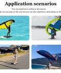 Inflatable Surf Wing For Paddle Boards And Water Sports 6m2 Open Window Design in use on water, snow, road, and mountain.