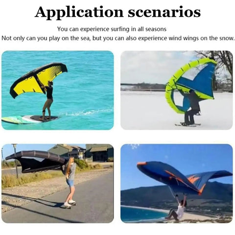 Inflatable Surf Wing For Paddle Boards And Water Sports 6m2 Open Window Design in use on water, snow, road, and mountain.