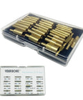 Solid Thirty Piece Gun Cleaning Rod Fitting Adapters With Hella Compatible Threads in a clear case with label for easy identification.