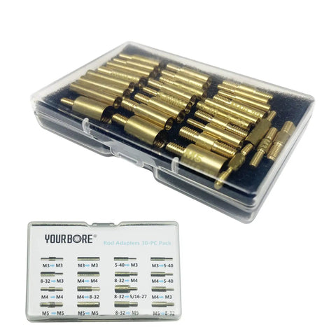Solid Thirty Piece Gun Cleaning Rod Fitting Adapters With Hella Compatible Threads in a clear case with label for easy identification.