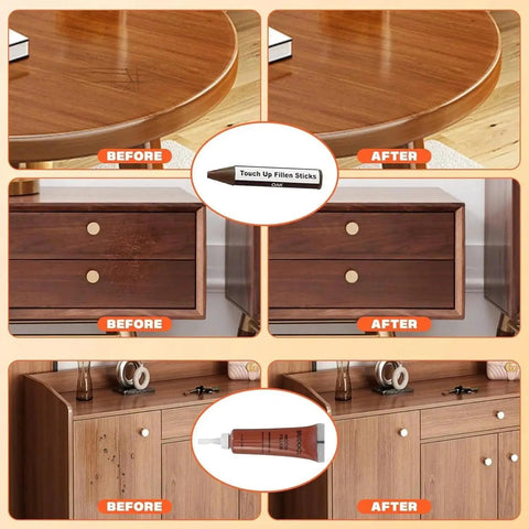 No Sweat Quick Fix Wood Repair Kit Including Six Tone Matching Resin Filler Sticks used for home furniture restoration.