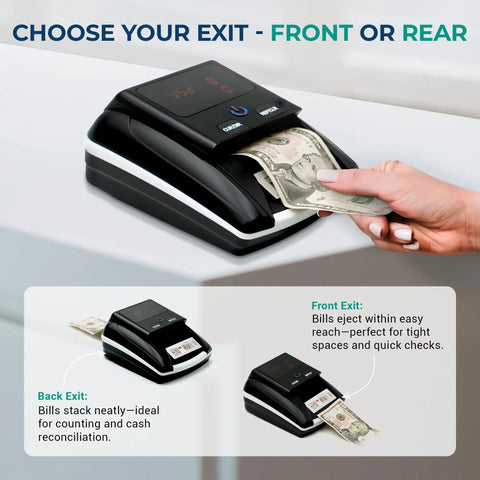 Person using Pro Grade Counterfeit Bill Detector For US Dollars With Multi Method Verification UV Magnetic Infrared