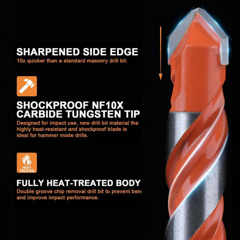 Masonry drill bit set with hex shank; carbide tungsten tip, orange heat-treated body, 5/32-1/2 in, 10 pieces