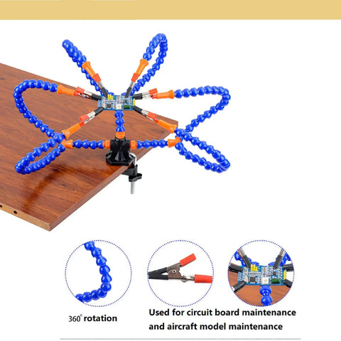 Six Flexible Arm Helping Hands Soldering Station With Silicon Clip Tips clamped on a wooden table.