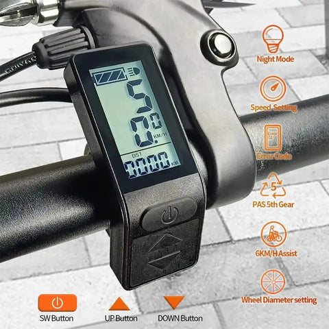 KT-LCD4 Ride-Ready Bicycle Display Meter for Electric Bikes showing speed on handlebars, waterproof LCD panel.