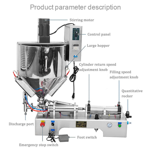 Heavy Duty Pneumatic Filling Machine With Heating Mixer And Single Nozzle Stainless Steel Paste Liquid Bottle Filler Hopper with control panel.