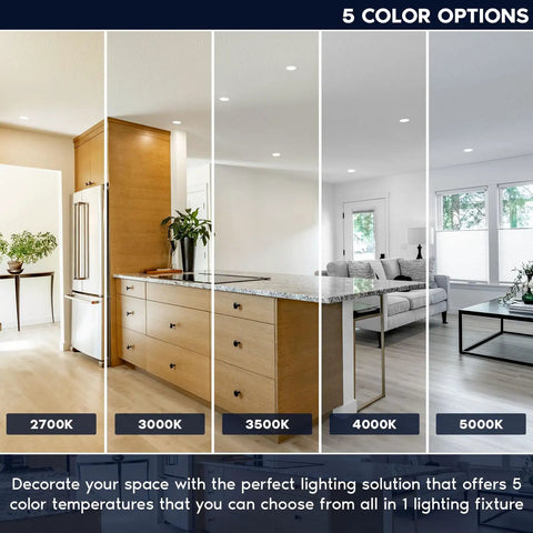 Smooth Trimless 6 Inch Led Recessed Lights 6 Pack With Twist Lock Mounting 5Cct Adjustable 1800 Lumens Dimmable Wet Ic Rated Ceiling Fixtures No Sweat Setup showing five color temperature options.