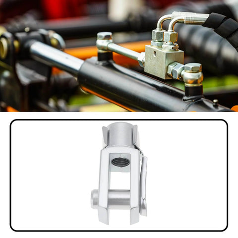 Heavy Duty Quick Release Clevis With Spring Pin For Air Cylinder Rods 5 16 UNF Right Hand Female Thread Universal Fitment 42mm, shown in use and standalone.