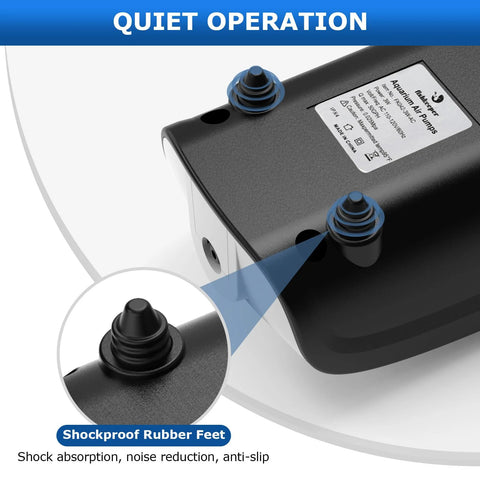Fishkeeper aquarium air pump; black dual-outlet unit with blue valve knobs, close-up of shockproof rubber feet