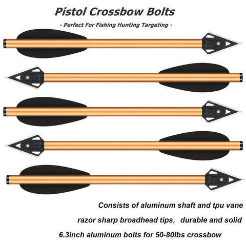 Aluminum Crossbow Bolts For Pistol Crossbows 6.3 Inch Shafts With Sharp Broadhead Tips, 50-80 Lb Beast Mode Performance