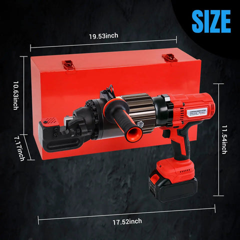 Loschen Cordless Rebar Cutter With 360 Degree Rotation, Portable Electric Hydraulic Saw For 4Mm To 20Mm Steel Rods shown with size dimensions.