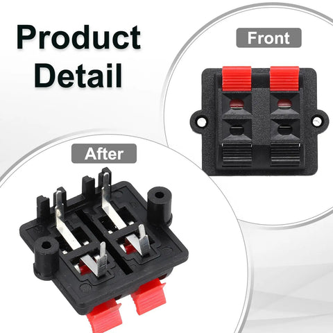 Front and after views of 4 Way Spring Terminal Clip Push Release Connector Plate Jack Socket Speaker Terminal Strip Block Test Clip WP4-03B