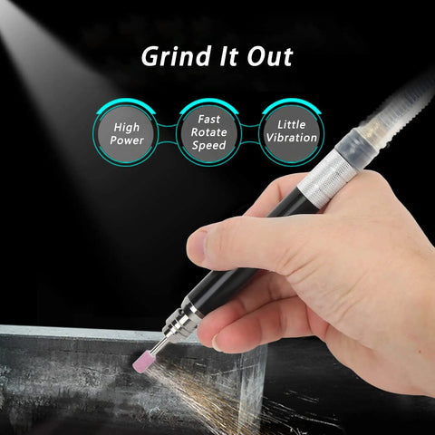 Pro Level Pneumatic Pencil Die Grinder Pumping Out 65000 RPM At 90 Psi With A Rock Solid 1/8 Inch Collet in hand grinding
