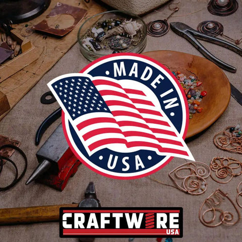 Made in USA logo with crafting tools and materials for jewelry making, featuring Square Bare Copper Wire 99.9 Percent Pure Dead Soft 20 Gauge