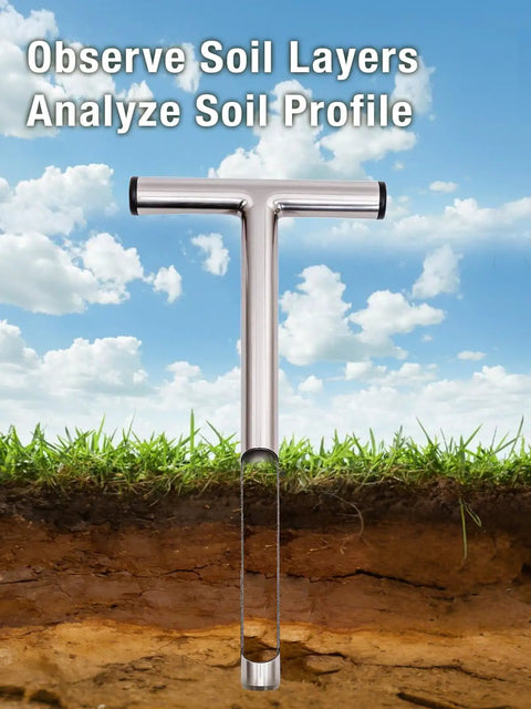 12 Inch Stainless Steel Soil Probe for Deep Sampling, Grab-and-Go Rust-Resistant Sampler Rod showcasing soil layers.