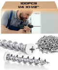 100 Pack White Drywall Anchors 1/4 X 1-1/2 Inch Pan Head Alloy Steel Self Drilling Wall Anchors with reusable box and installation example