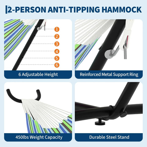 Close-up of two person hammock with stand for outdoors and indoors, highlighting adjustable height and steel frame features.