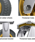 Close-up of solid rubber wheels, thickened rivets, galvanized bracket, and thickened base plate on heavy duty industrial caster wheels.