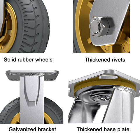 Close-up of solid rubber wheels, thickened rivets, galvanized bracket, and thickened base plate on heavy duty industrial caster wheels.