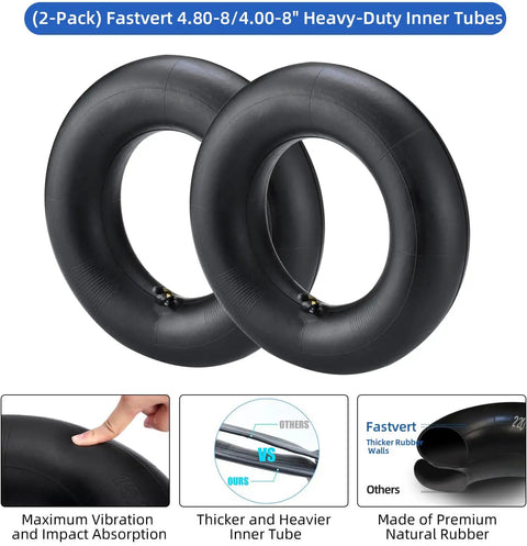 2-Pack Heavy-Duty Inner Tubes 4.80-8 And 4.00-8 With TR-87 Bent Valve Stem, shown with thick walls and premium rubber.