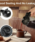 64 Oz Cold Brew Pitcher With Stainless Steel Filter And V Shaped Pour Spout pouring drink into cup, black lid details