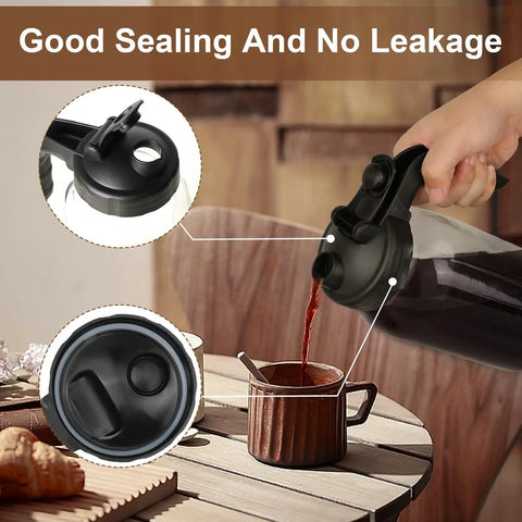 64 Oz Cold Brew Pitcher With Stainless Steel Filter And V Shaped Pour Spout pouring drink into cup, black lid details