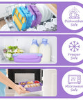 Colorful 4 Compartment Bento Lunch Box Set for Kids and Adults with 1200ml capacity shown as dishwasher, freezer, and microwave safe.